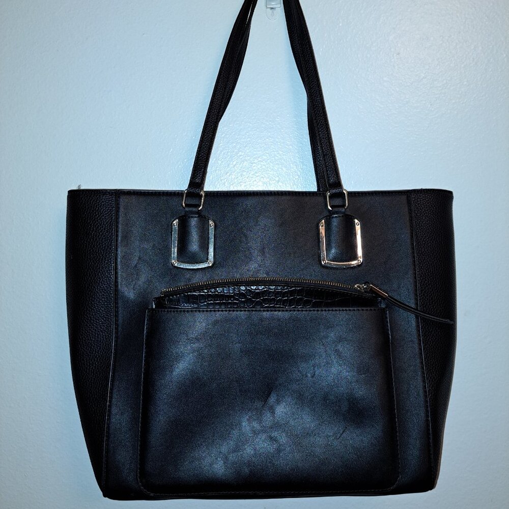 Nine West Womens Black Leather Double Strap Bottom Stud Tote Bag Removable Pouch - Picture 1 of 9